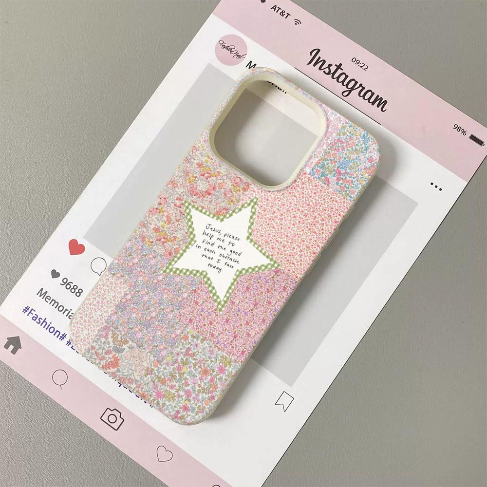 Five-Pointed Star Floral Print Lychee Grain Phone Case For iPhone 17 17Air 16 15 14 13 12 11 Pro Max 15 16 Plus Soft Cover Funda