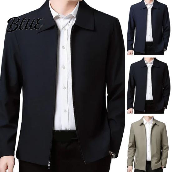 Zip Up Men Coat Jacket Lapel Solid Color Mid-aged Elderly Long Sleeve Zipper