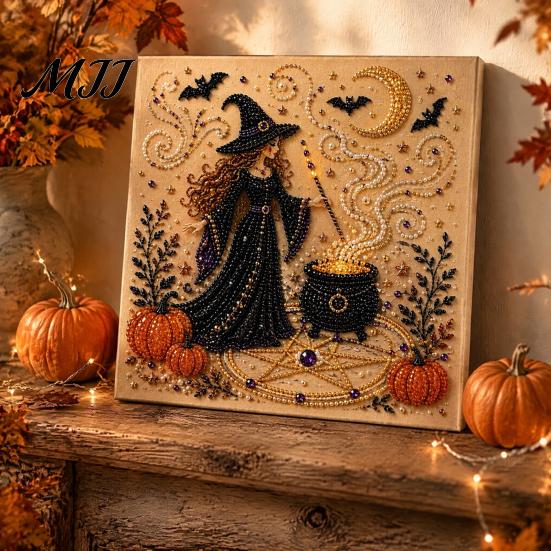 Zestaw Artystyczny z Sztucznymi Perłami Halloweenowy Zestaw DIY, Zestaw do Haftu 3D Koralikami, Upiorny Projekt Relaksujący Stres Duch Koza Wiedźma Sztuka Ścienna, Sezonowa Dekoracja Domu