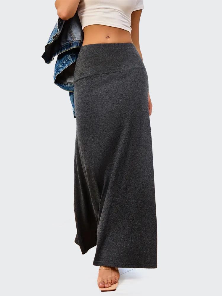 European & American Commuter A-Line Midi Skirt - Solid Color, Knit, Polyester-Cotton, Micro-Elastic, Spring/Autumn Wear