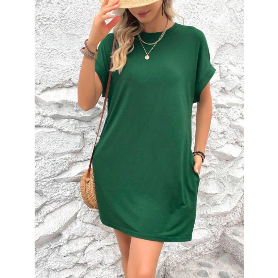 2026 New Women's Spring Summer Solid Color Round Neck Loose Fit Short Sleeve Pocket Casual Beach Dress
