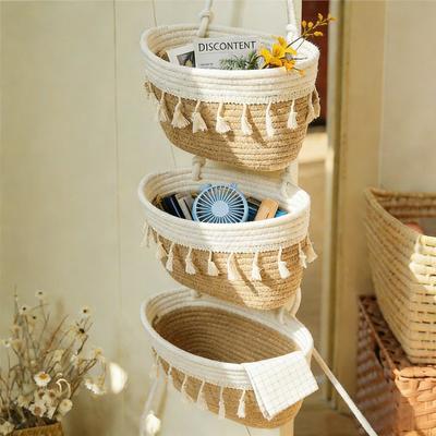 Cestas colgantes de algodón tejidas de 3 niveles Organizador de almacenamiento para colgar en la pared para cocina, sala de estar, dormitorio, guardería Organización decorativa