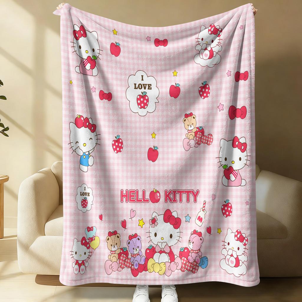 Sanrio Hello Kitty Plush Flannel Blanket Lightweight Throw Pink Gingham Apple Blanket Bed Sofa Cover School Office Nap Shawl