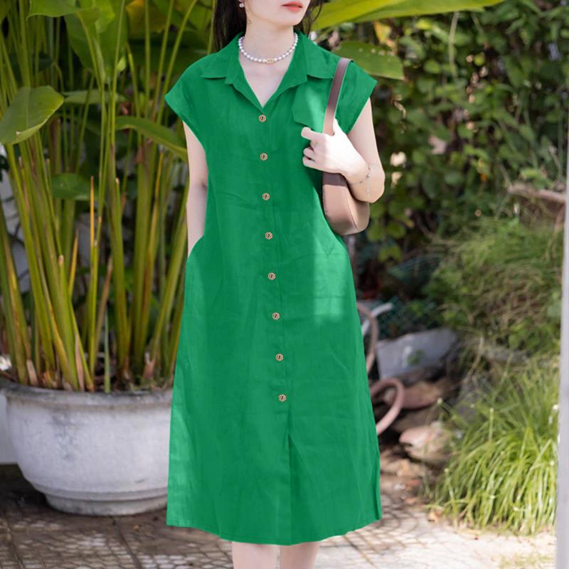 

ZANZEA Женское повседневное летнее платье без рукавов с отложным воротником 3XL зелёный