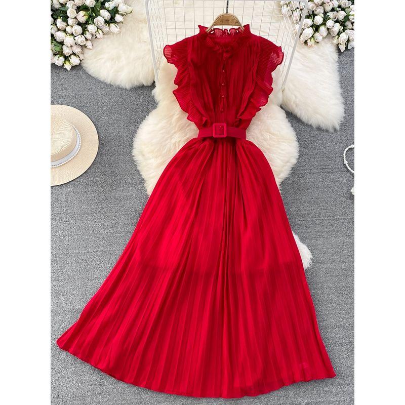 Fancy Light Luxury Temperament Flying Sleeves round Neck Waist Trimming Slim Looking A- line Pleated Dress Elegance Swing Long Dress