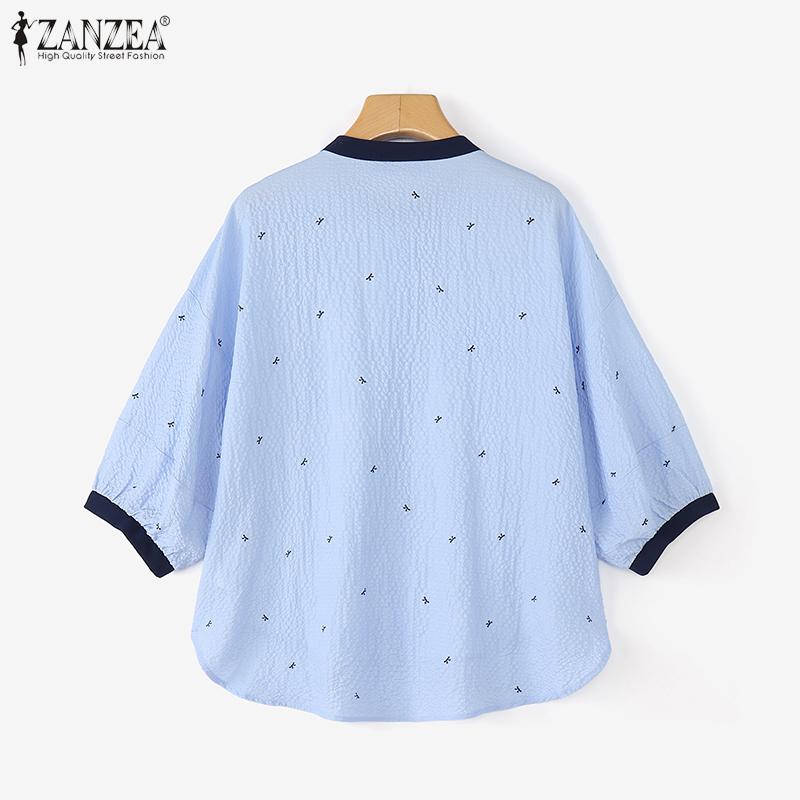 ZANZEA Women Casual Round Neck Summer 3/4 Sleeve Loose Print Blouse