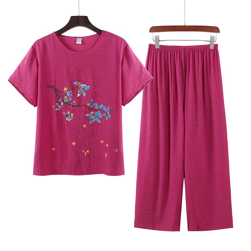 Women's Summer Cotton Linen Short-Sleeved Two-Piece Set: Grandma Mom Pajama Top and Pants.