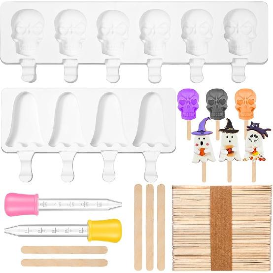 2 Pack Halloween Silicone Ice Cream Mold Homemade Cakesicle Mold Kits Silicone Ghost Skull Ice Pops with 50 Wooden Sticks and 2 Droppers Craft Sticks Ghost, Skull
