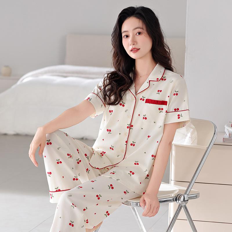 Pajamas women's summer cotton short-sleeved trousers thin summer 1011 new large-size summer cardigan loungewear
