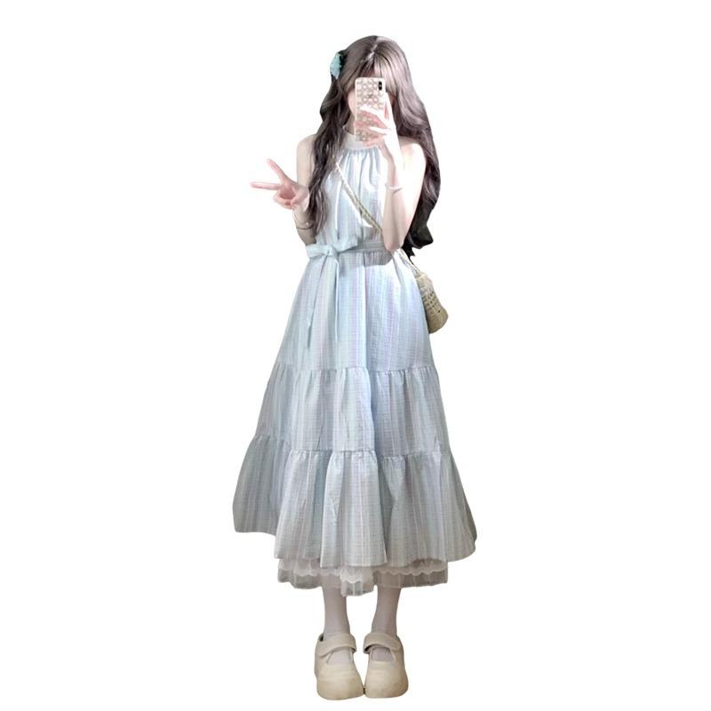 French seaside vacation suspender neck dress children's summer new small blue fairy dress