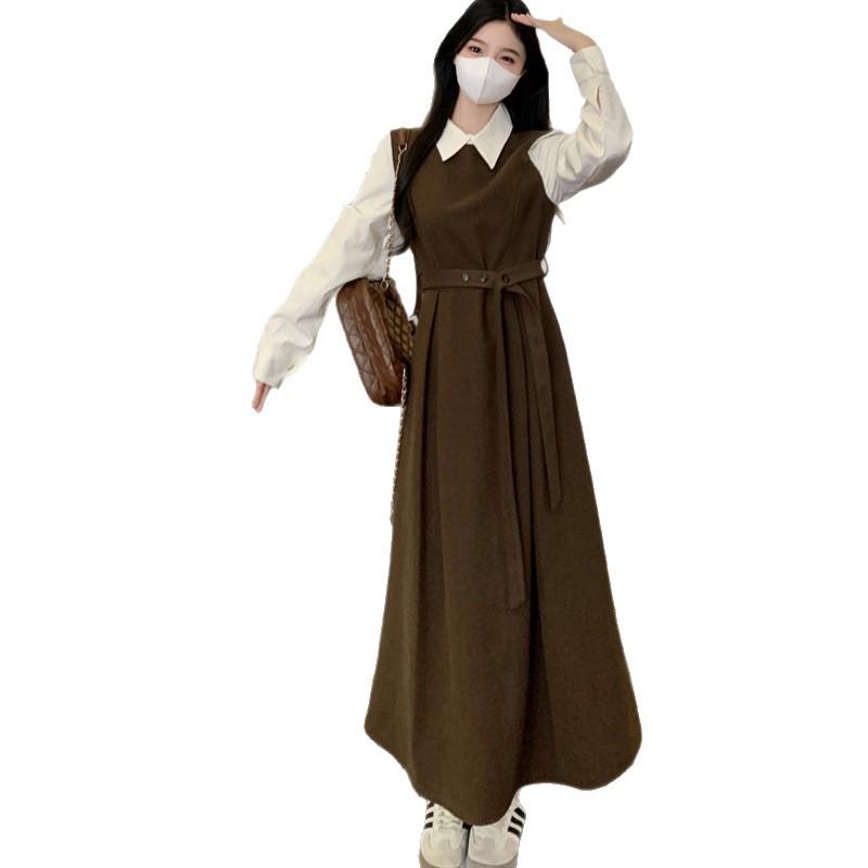 French-Style Two-Piece Long-Sleeve Plus Size Elegant Spring Dress with Waist-Cinched Skirt