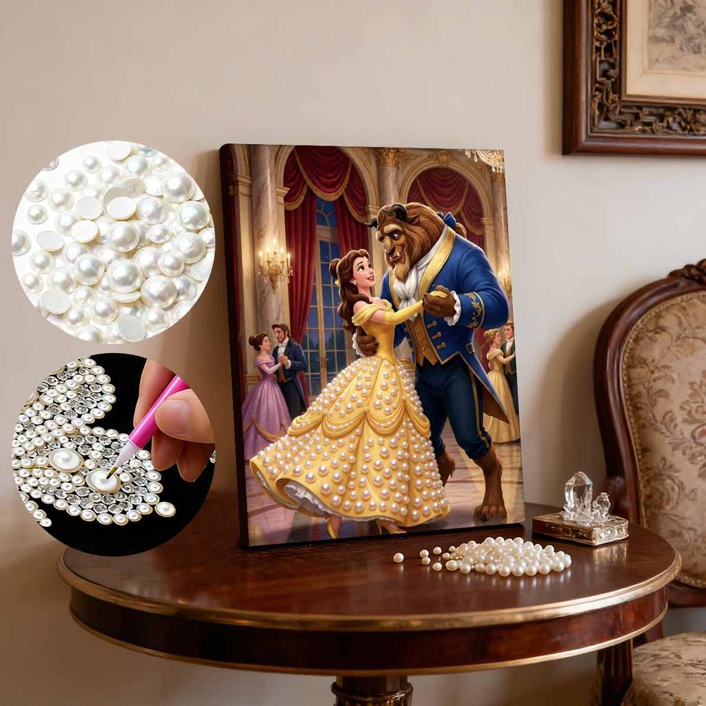 Disney Princess Belle Beauty and The Beast Pearl Canvas Decor Set 5D Artificial Pearl Jigsaw Embroidered Home Decor Handmade Gift