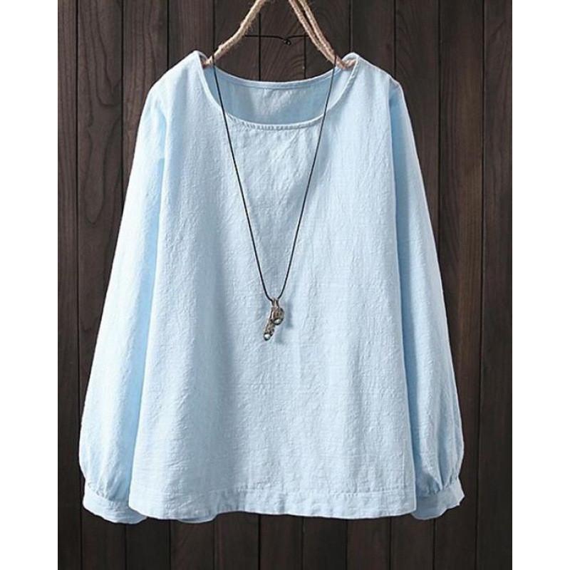 Cotton Linen Long Sleeve Shirt For Women With Round Neck And Relaxed Fit