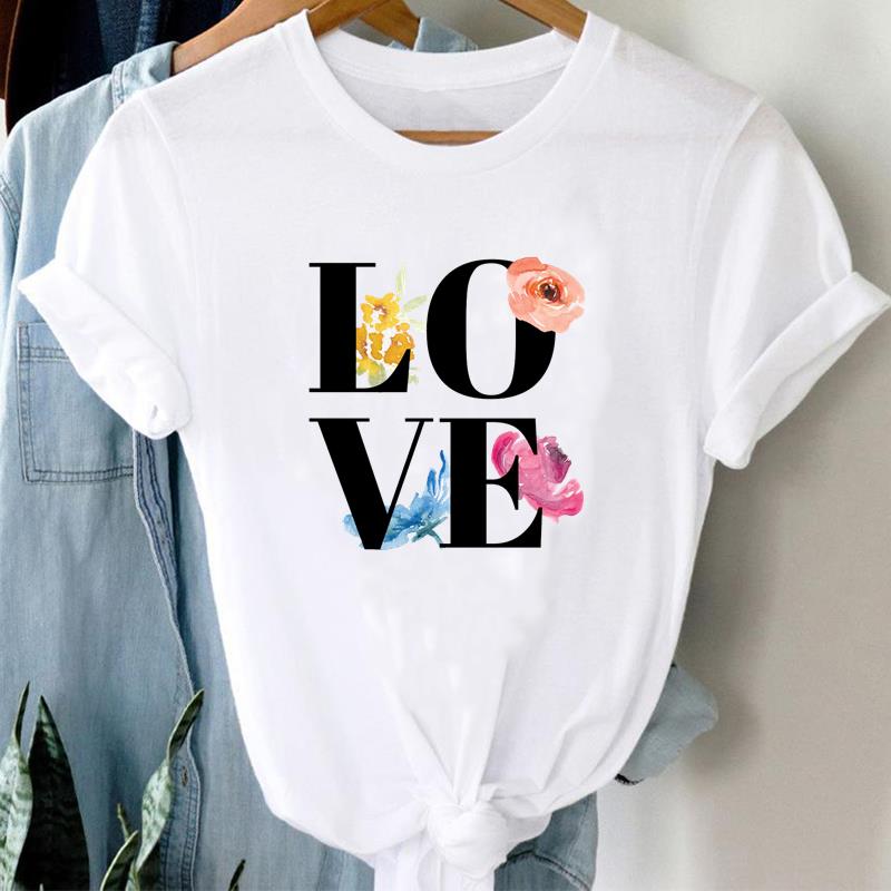 (European Size) 90s Top T Shirt Watercolor Love Heart Trend Cute Fashion Casual Clothing T-Shirt Sleeve Women Print Lady Female O-neck Graphic T-shirt