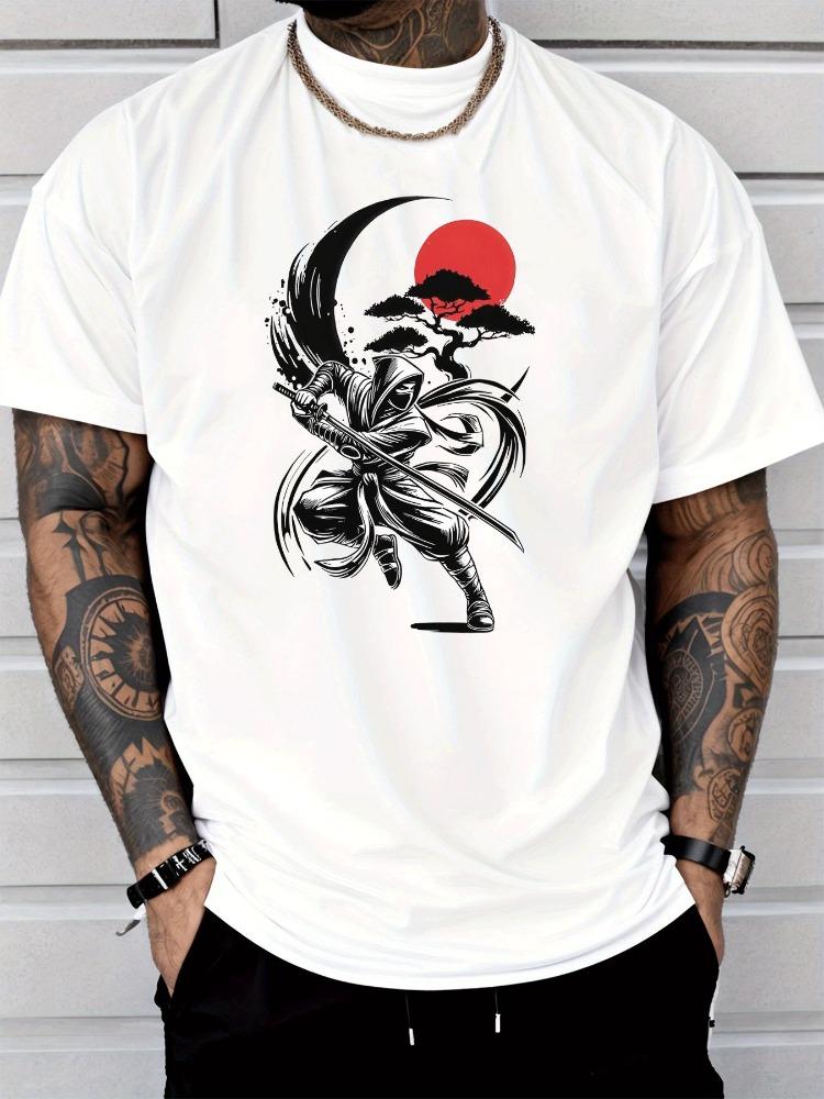 Unisex Summer Ninja Samurai Red Sun Tree Print Tee Oriental Crew Neck Cotton Male Loose Street Hip Hop Daily Fashion Top