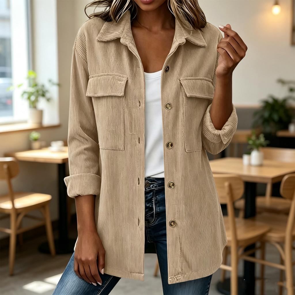 Women's loose corduroy button-down long-sleeved blouse with double pockets