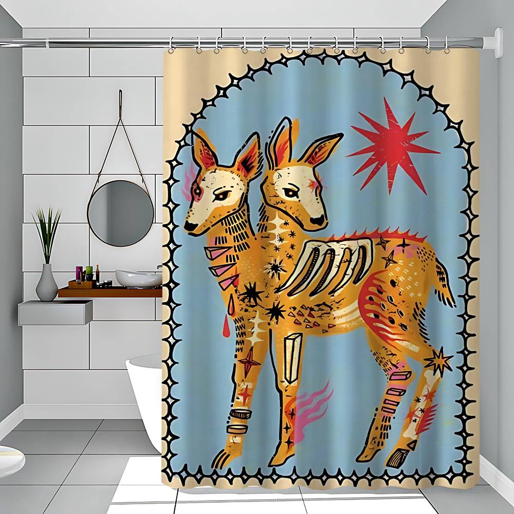 Vintage Abstract Animals Print Waterproof Polyester Shower Curtain Waterproof Bathroom Curtain Liners 90x180cm With 12 Hooks