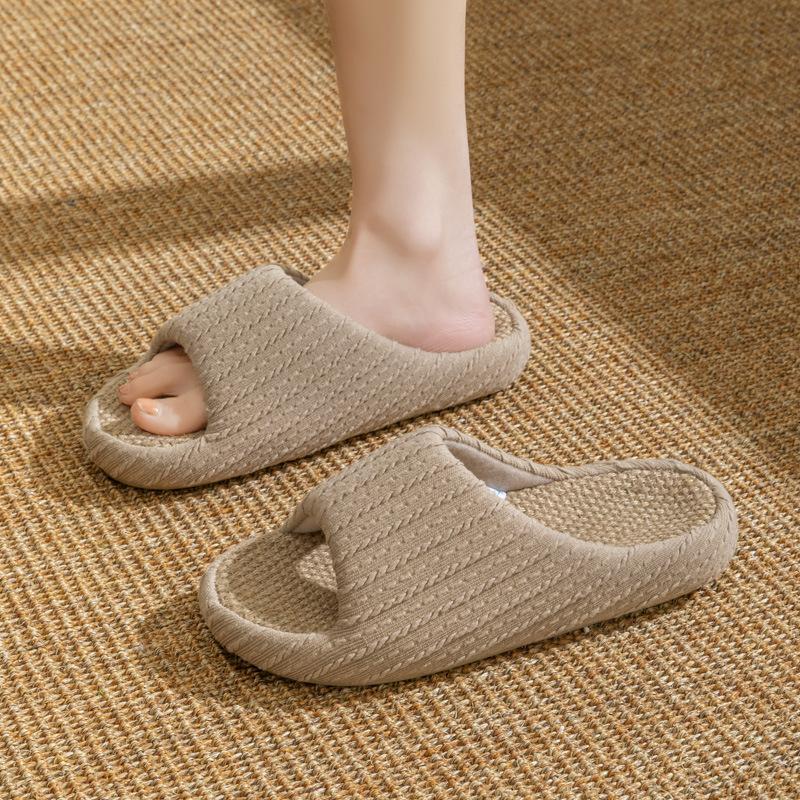 Mingsheng Japanese Light Luxury Linen Slippers Indoor Home Sweat-absorbing Breathable Couple Four-season Slippers Floor Non-slip