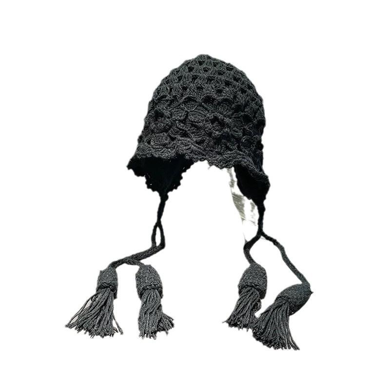 Autumn and Winter Crochet Hat Women's Double-layer Knitted Hat Fringed Pullover Hat Travel Versatile Wool Hat