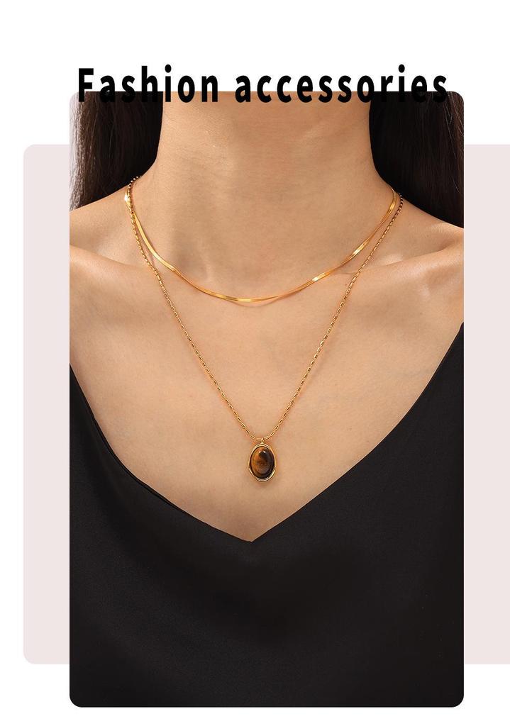 French-Inspired Oval Tiger Eye Pendant Necklace - 18K Gold-Plated Titanium Steel
