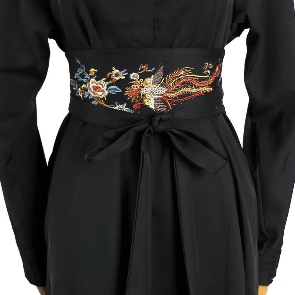 Chinese Traditional Embroidery Waist Band Wide Black Corset Tie Belt Dress Decor Hanfu
