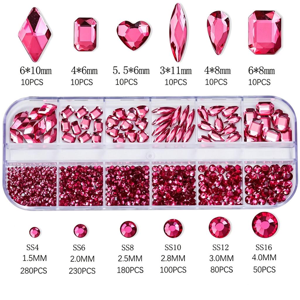 Mixed Color Flat Back Rhinestone Nail Art Kit with 12 Grids - Heart, Water Drop, and Rhombus Shapes.