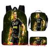Conjunto de Mochila Escolar Infantil Estampada Cristiano Ronaldo Meninos Meninas 3 Peças Mochila de Tecido Oxford Com Lancheira Estojo