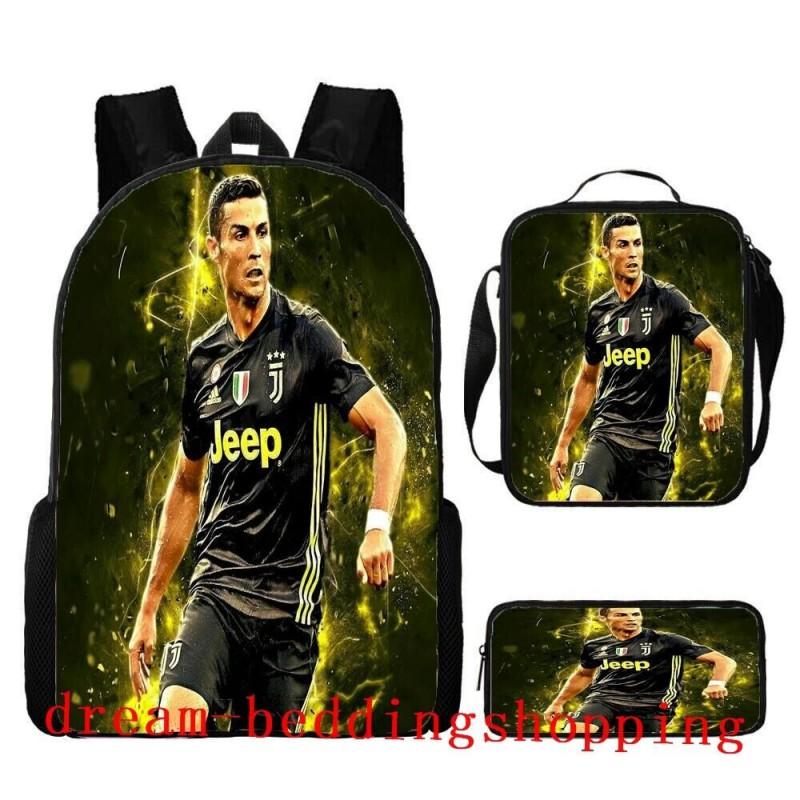 Conjunto de Mochila Escolar Infantil Estampada Cristiano Ronaldo Meninos Meninas 3 Peças Mochila de Tecido Oxford Com Lancheira Estojo