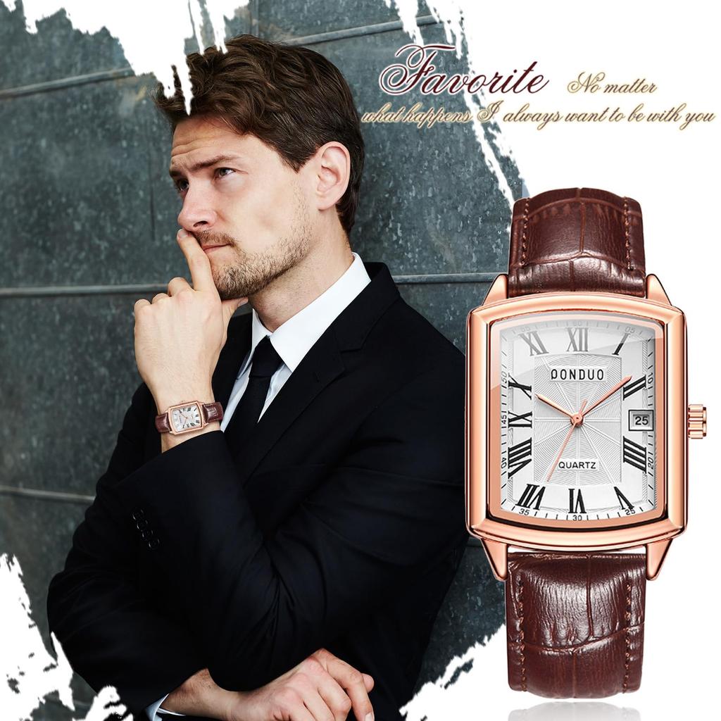 Square Watch with 3ATM Water Roman PU Leather Quartz Casual and Business Simple and Stylish Fashion Accessory Perfect Gift for and Day Men's Calendar,