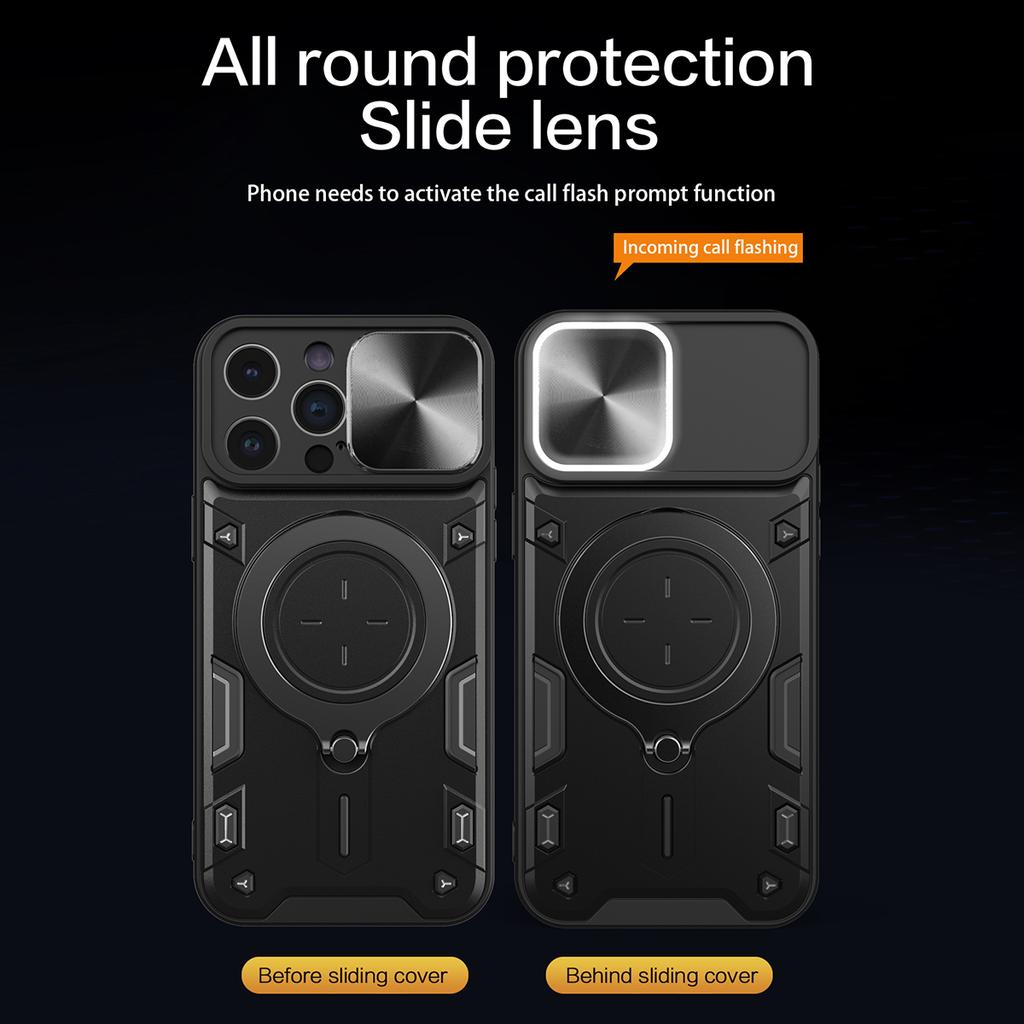 For iPhone 15 Pro Slide Camera Lid PC+TPU Back Cover Rotation Kickstand Phone Case