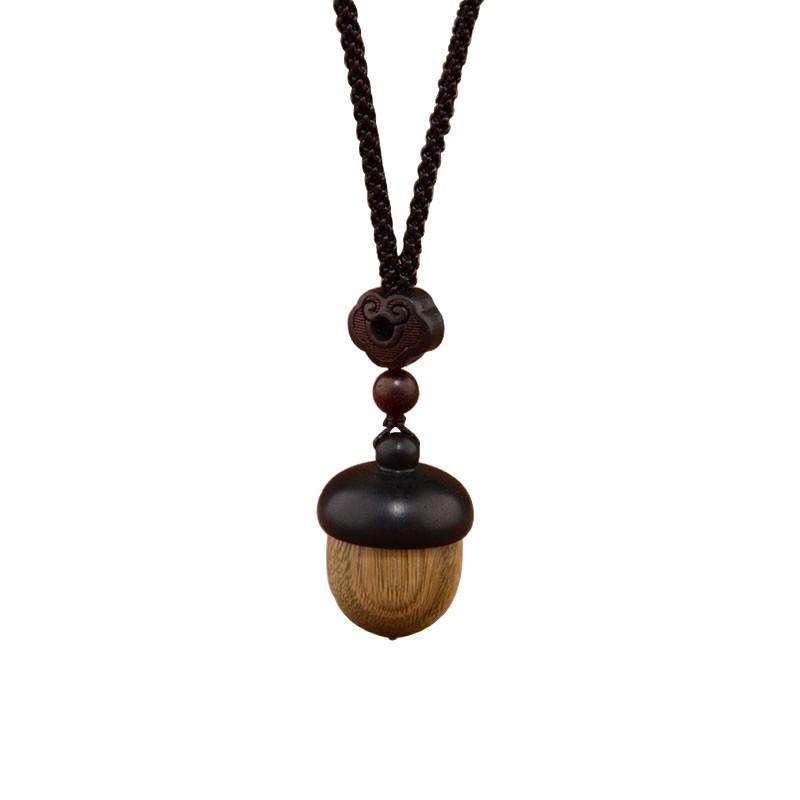 Ethnic Sandalwood Acorn Pendant Necklace with Hollow Long-Style GaU Box Design