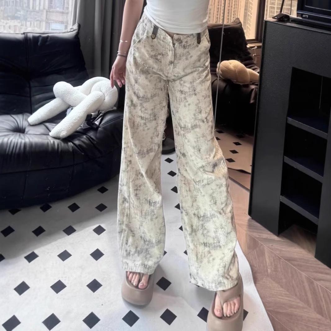 

Женские брюки с широкими штанинами, высокой талией, в стиле американского ретро 2025 года, с принтом тай-дай - Свободные, стройнящие и длиной до пола XL: 155-165CM (55-60kg)