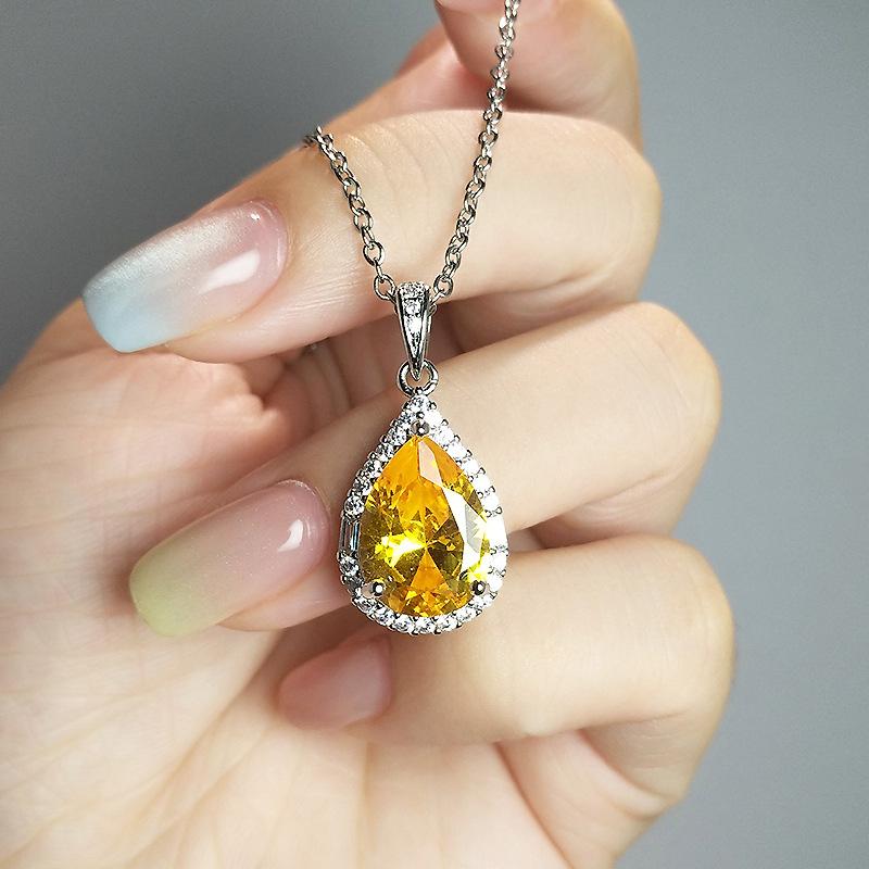 Water Drop-Shaped Aquamarine Pendant Temperament Inlaid With Imitation Emerald Yellow Zirconium White Gold Necklace Women