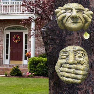 Estátua de Rosto de Árvore Engraçada para Exterior Não Ouvir Não Ver Não Falar Decorações de Arte de Jardim Abraçador de Árvore para Casa Parede Cercas Porta