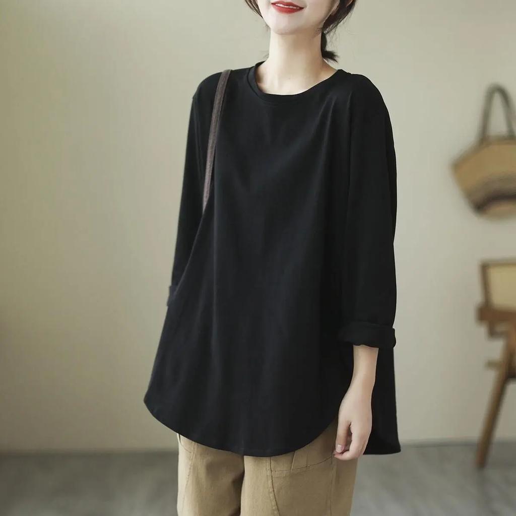 Spring and Autumn New Loose Slim Solid Color Base Top Sweatshirt Pure Cotton Long-sleeved