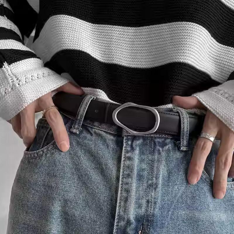 

Black Versatile Metal Belt With Designer Irregular Texture And Smooth Buckle For Casual Outfits