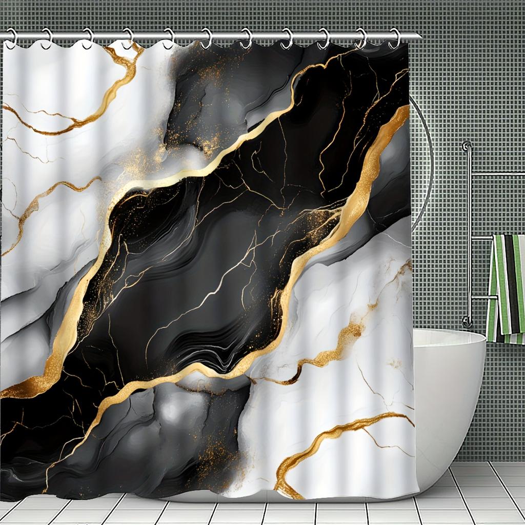 4Pcs UAXIEP Marble Art Shower Curtain Set with Non-Slip Bath Mat, Toilet Lid Cover, Contour Rug & 12 Hooks, Bathroom Decor