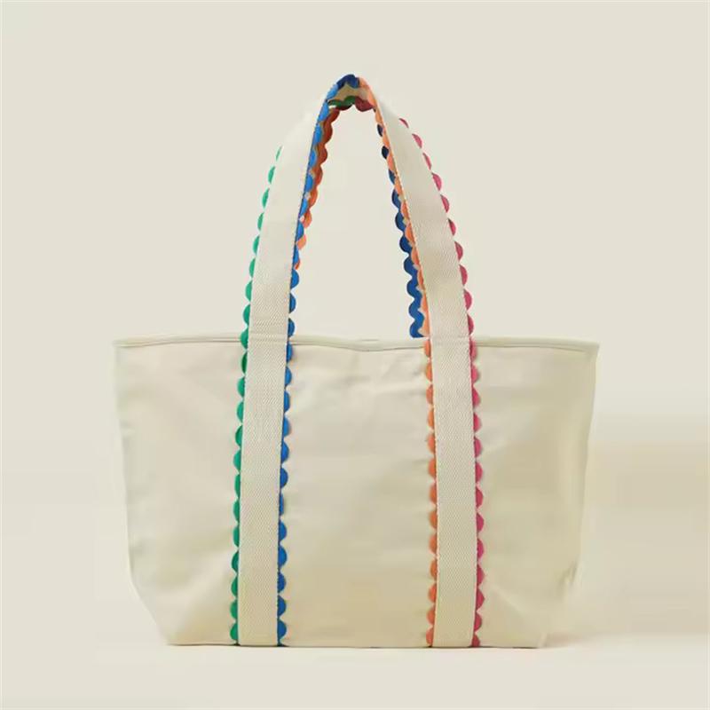 

Yogodlns Холщовая сумка-тоут с радужной отделкой для женщин, летняя пляжная сумка, прочные сумки большой вместимости для ежедневного использования 37.5x14x33cm бежевый