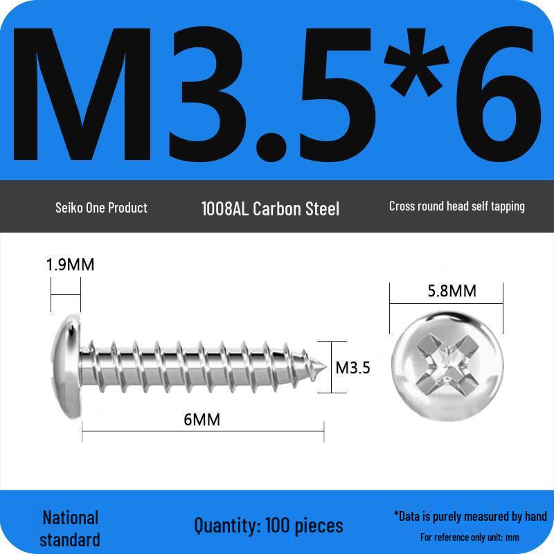 Galvanized Self-Tapping Screws, Round Head, White Zinc, PA Cross Pan, Pointed Tail M1.2-M4