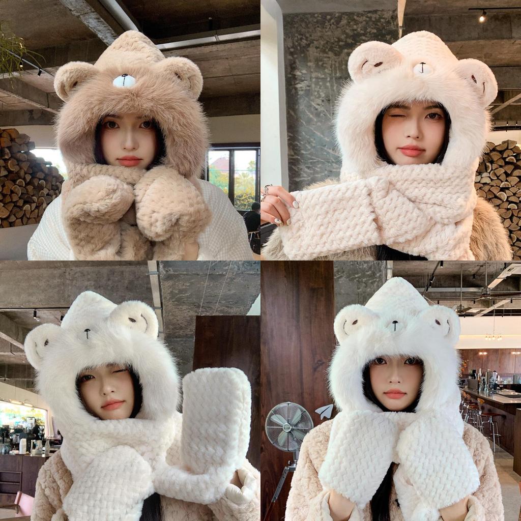 Polyester Winter Knit Hat With Earmuff And Scarf For Girls And Teens