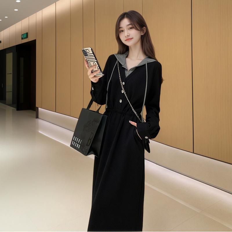 Autumn and Winter New Ladies' Casual Slimming Fake Two-piece Hooded Sweater Dress Waist Dress