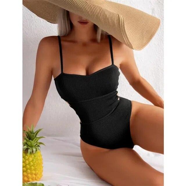 Sexy Gerippter Einteiler Badeanzug Einfarbig Bademode Damen Cut Out Monokini Hochgeschnitten Schwimmanzug Weiblich Baden Bikini Anzüge