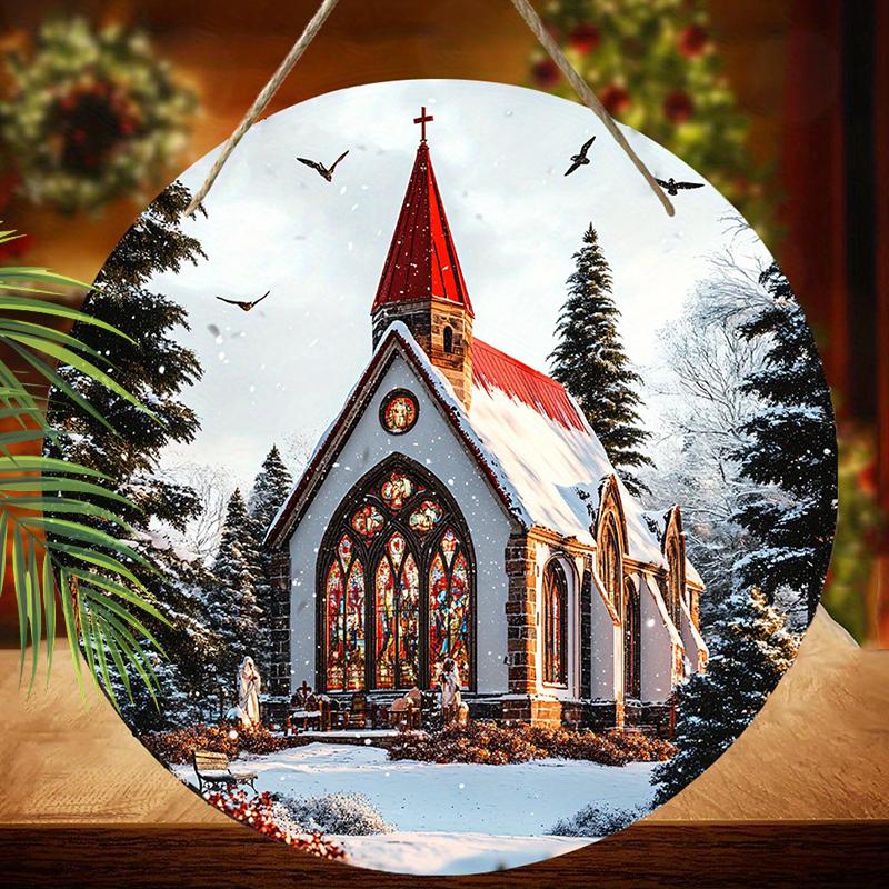 Winter Snow Church Scene Round Wooden Hanging Sign, 2D Flat Printed Wall Door Ornament, Christmas Home Porch Holiday Decor Gift