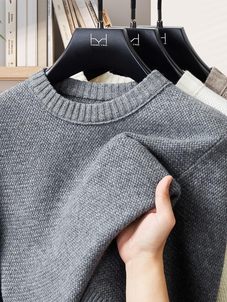 Machine Washable 100% Pure Wool Men s Thickened Round Neck Knit Sweater Pullover 2XL (155-175 lbs)