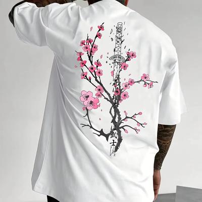 Ανδρικό T-shirt με Σχέδιο Σπαθί Σαμουράι και Άνθη Κερασιάς σε Ιαπωνικό Στυλ για το Καλοκαίρι, Φαρδύ και Διαπνέον