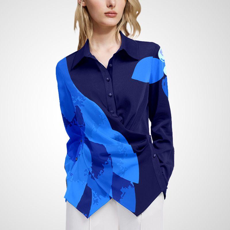 

Niche Design Slim-Fit Contrast Colors Shirt Women s Autumn 2025 New Arrival Fashion Asymmetrical Chic Long Sleeves Tops Blue Color- XL