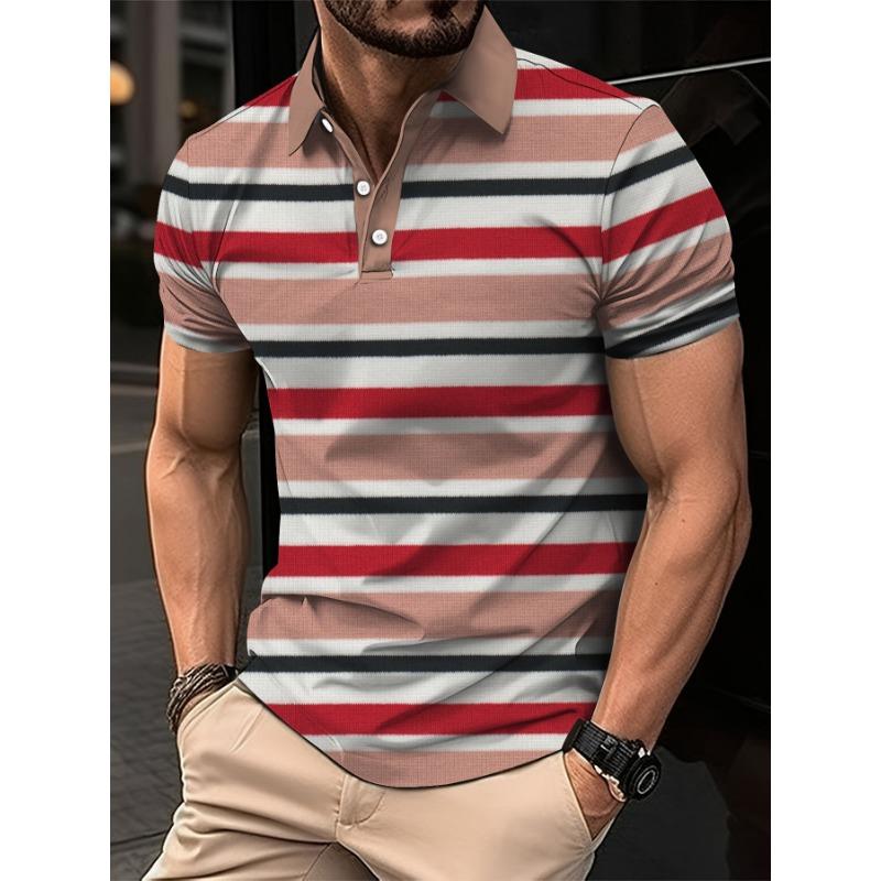Summer Men's Short Clothes Sleeved Lapel 3D Digital Printed Striped Polo Shirt Man's Business Casual Top Clothes Oversized