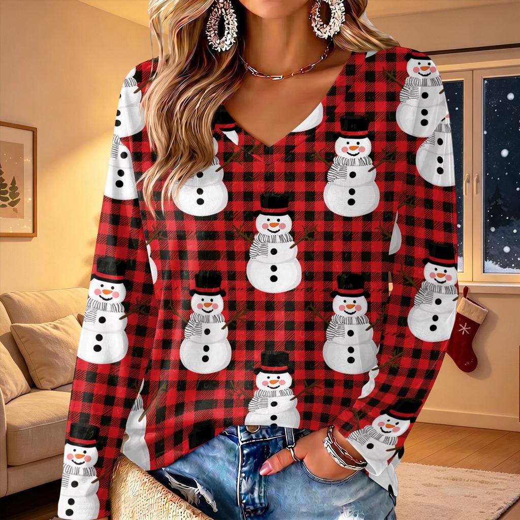 Women's V-Neck Long Sleeve Christmas Printed Lightweight Top for Spring and Summer