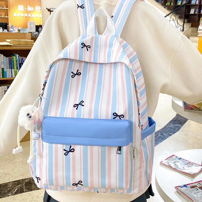 Zaino Nuovo a Strisce Zaino Versatile da Donna Zaino da Campus con Fiocco Zaino Scolastico Leggero Zaino Casual da Viaggio