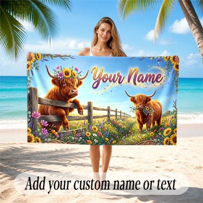 Highland Cow Theme Quick Dry Beach Towel Custom Name Text Print Large Sand Resistant Towel Beach Vacation